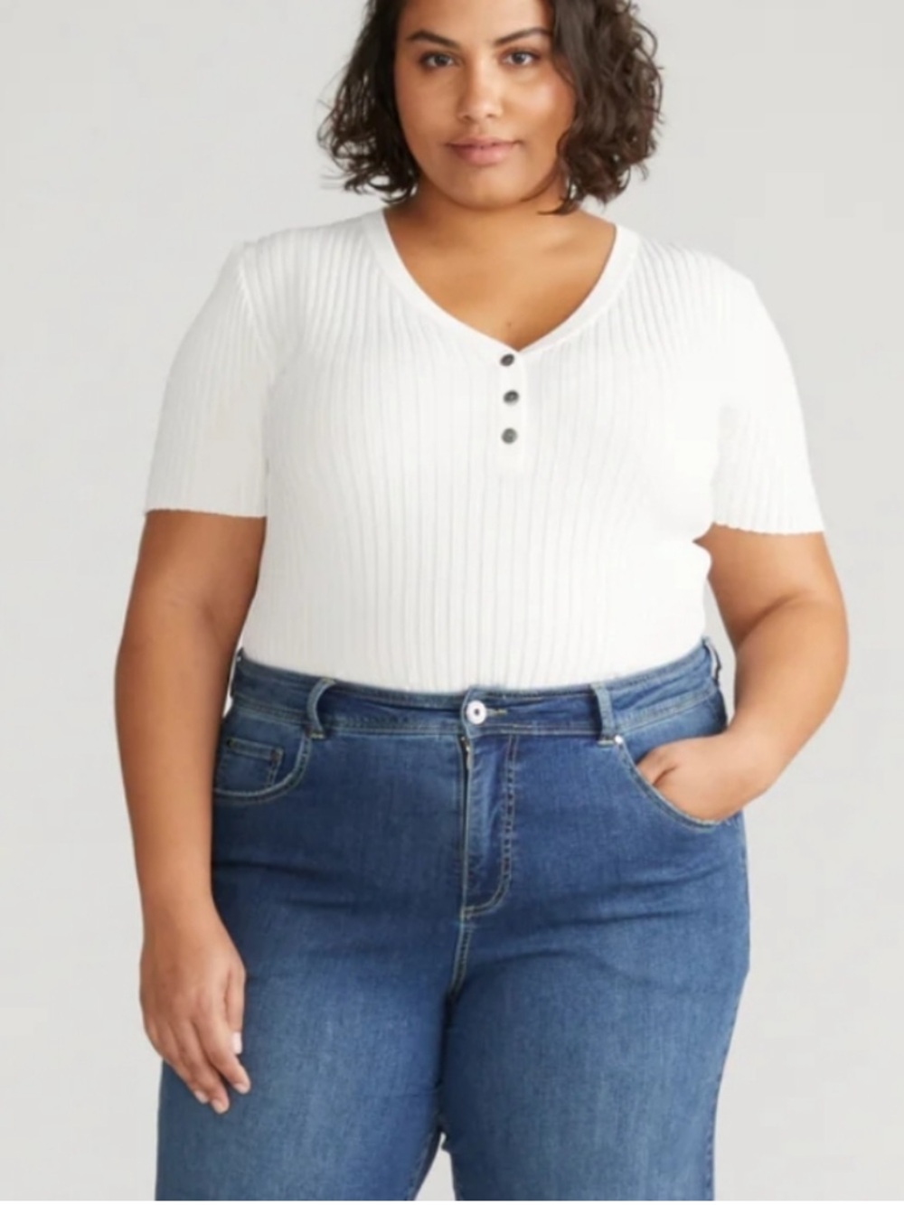 Universal Standard White/Ivory Short Sleeve Henley Short Sleeve Ribbed Top